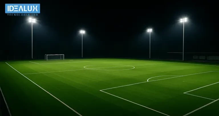 alt="Cancha de Fútbol 7 profesional iluminada con reflectores LED Idealux de alta potencia, garantizando rendimiento y visibilidad óptima para el juego nocturno."