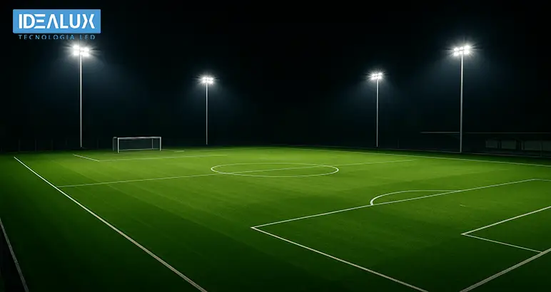alt="Cancha de Fútbol 7 profesional iluminada con reflectores LED Idealux de alta potencia, garantizando rendimiento y visibilidad óptima para el juego nocturno."