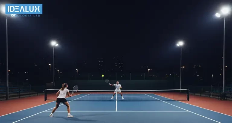 Cancha de tenis de noche con una perfecta iluminación para canchas de tenis, provista por reflectores LED de Idealux.