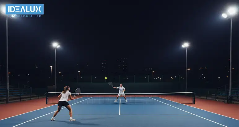 Cancha de tenis de noche con una perfecta iluminación para canchas de tenis, provista por reflectores LED de Idealux.
